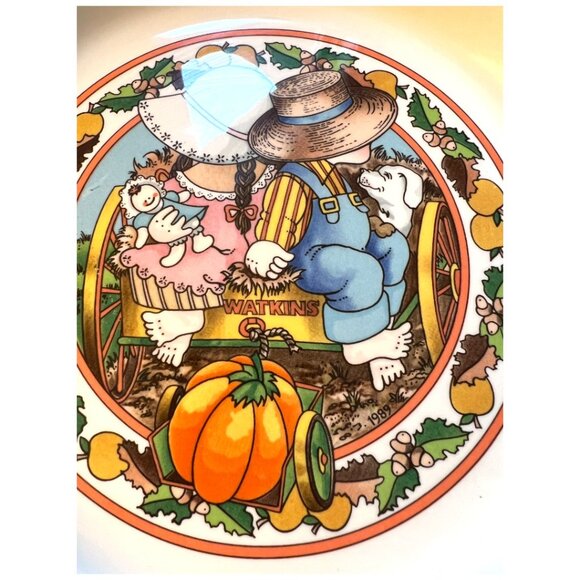 Vtg 1989 WATKINS Country Kids Pumpkin Pie Plate w/ Recipe 10.5" diameter x 2" h - Picture 3 of 11
